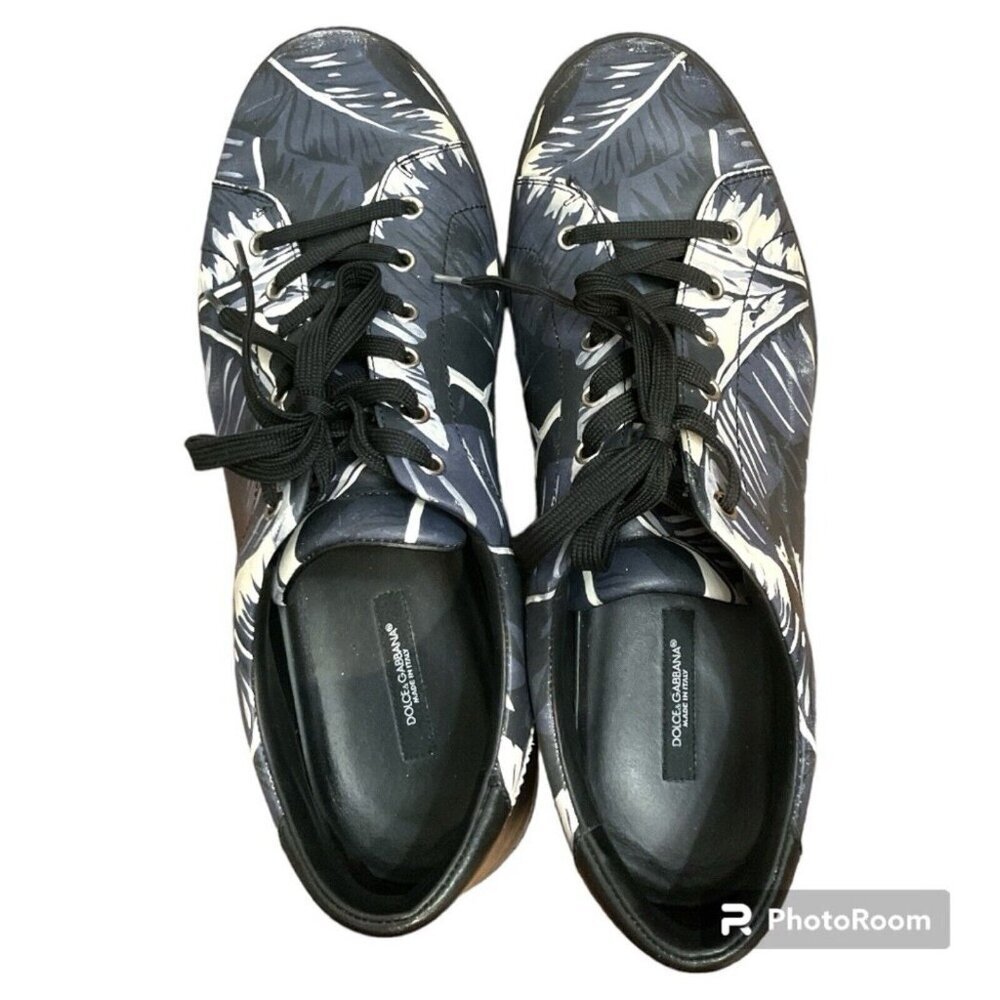 Dolce & Gabbana Banana Palm Leaf Leather Blue Black White Sneakers US9 IT42